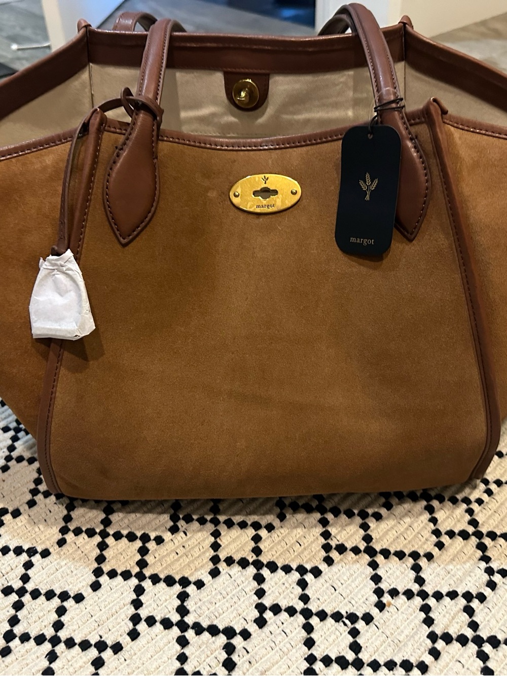Margot Tan Suede Tote with Leather Trim and Gold Plaque